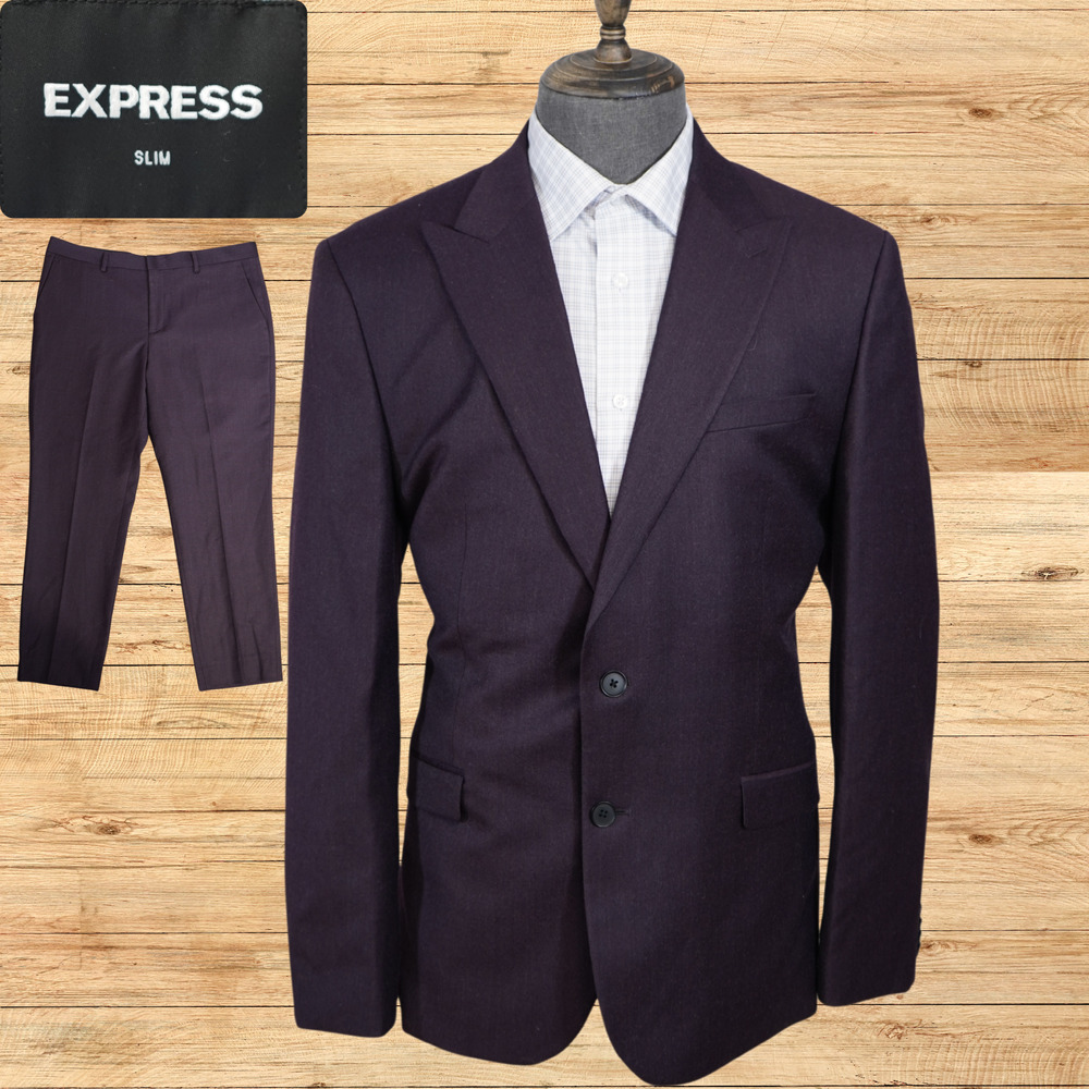 Express Mens 44R Slim Fit Suit Purple Plum Wool Stretch 2 Piece Peak Lapel